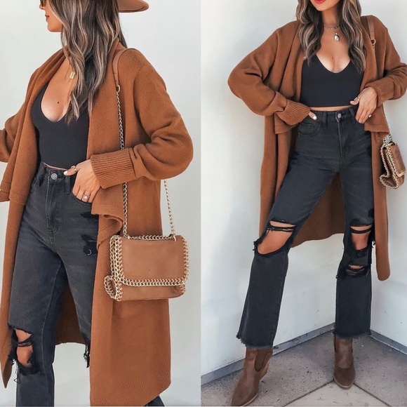 Flawless Sweaters - Pocketed drape label knit cardigan